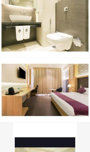 two pictures of a hotel room with a bed and a bathroom at Gopalas Residency Bhumi World Bhiwandi in Bhiwandi