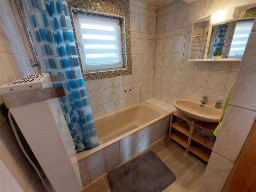 a bathroom with a tub and a sink at Blockhaus Elana in Möllenhagen
