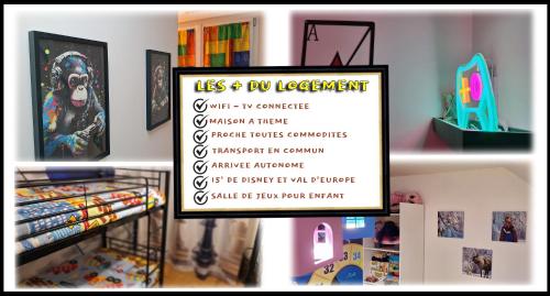 a sign on a shelf in a store at 15' de Disney maison à thème avec SALLE DE JEUX privée 6 couchages 2 wc in Voulangis