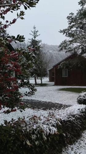 une allée couverte de neige à côté d'une maison dans l'établissement Chalets de la Colagne, à Chirac
