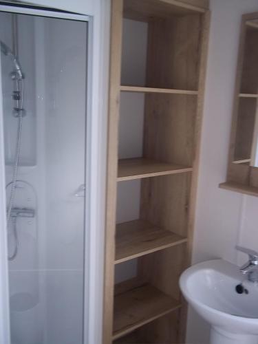 a bathroom with a shower and a toilet and a sink at Get-a-Wey a static caravan at Haven Weymouth Bay in Preston