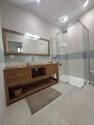 une salle de bain avec un lavabo, un miroir et une douche dans l'établissement Dans le village médiéval, à La Chapelle-sous-Brancion