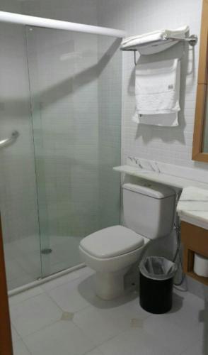 a bathroom with a toilet and a glass shower at Flat Araucaria Plaza in Ribeirão Preto