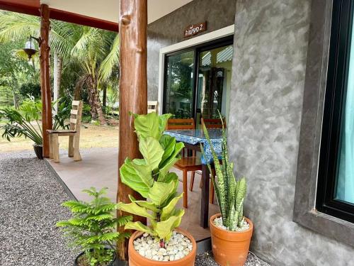 a patio with potted plants and a table on a house at Baan rabianglay 2 in Ban Hin Sam Kon