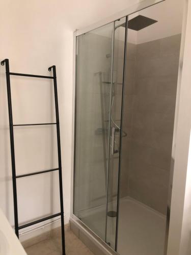 a glass shower stall in a room at Trouville Superbe appartement hyper centre in Trouville-sur-Mer