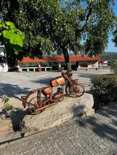 a bike parked on a rock under a tree at Maison de village in Dornelas