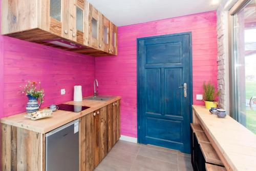 a kitchen with a blue door and a pink wall at SOBIESZEPTY Odetchnij ciszą in Gdańsk