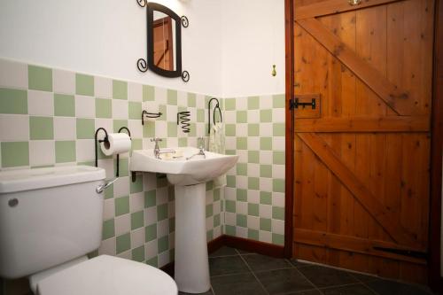 a bathroom with a toilet and a sink and a door at Tan-yr-Onnen Llangrannog in New Quay