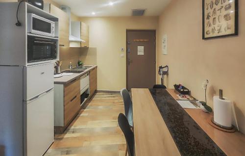 a kitchen with a table with chairs and a refrigerator at Beautiful Apartment In Saint Chinian in Saint-Chinian