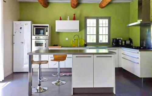 - une cuisine avec des appareils électroménagers blancs et des murs verts dans l'établissement Nice Home In Lisle-Sur-La-Sorgue, à LʼIsle-sur-la-Sorgue