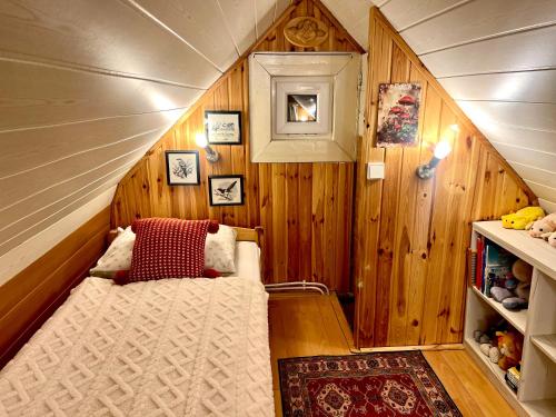 a small room with a bed in a attic at SOVIA WELLNESS CHATA s jacuzzi kaďou a saunou, Čingov in Smižany