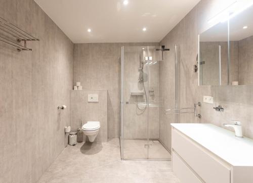 a bathroom with a shower and a toilet and a sink at De Zwaluwhoeve in Peer