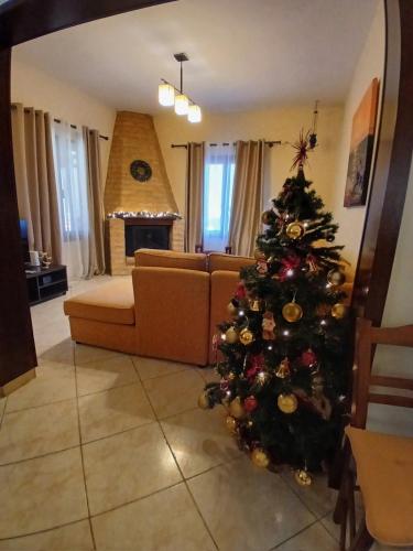 a christmas tree in a living room with a fireplace at Μονοκατοικία μέσα στα έλατα in Lávka
