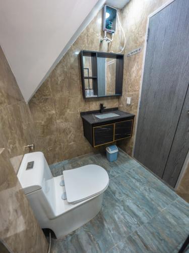 a bathroom with a toilet and a sink and a mirror at Whales Lodge in Maamigili