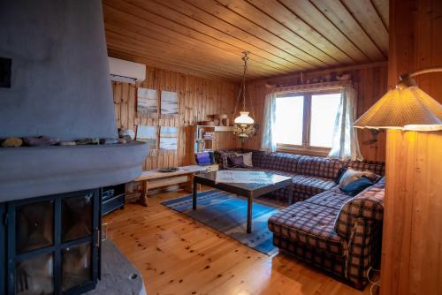 ein Wohnzimmer mit Couch und Kamin in der Unterkunft Trysilfjellet Nord 607 in Trysil