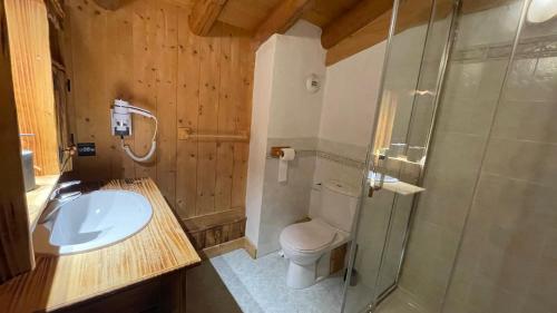 a bathroom with a toilet and a sink and a shower at Chalet Soleil, magnifique triplex sur les pistes in La Rosière