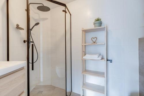 a bathroom with a shower with a glass door at Kruisbek I Chic Huisje met Riante Tuin in Zwiggelte