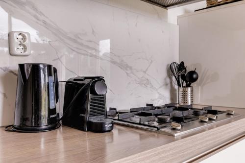 a kitchen counter with a stove and a coffee maker at Kruisbek I Chic Huisje met Riante Tuin in Zwiggelte