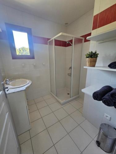 une salle de bain blanche avec une douche et un lavabo dans l'établissement Gite du Hêtre Pardaillan, à Pardaillan