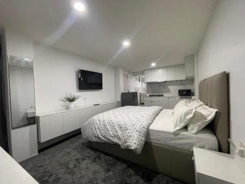 博卡拉Ashish Service Apartment - S3的卧室里有一张床和一台电视机