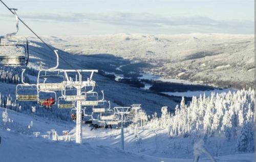 a ski lift on a snow covered slope with trees at Villa The White Moose, 6 rooms, 3 bedrooms, 2,5 baths, sauna, near Branäs in Likenäs