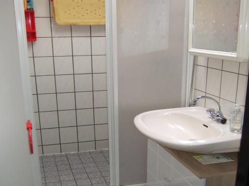 a bathroom with a sink and a mirror at Bungalow in Wildrijk with Fenced Garden in Sint Maartenszee