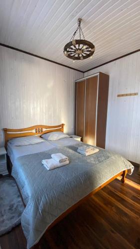 a bedroom with a bed and a chandelier at Five House in Skhidnitsa