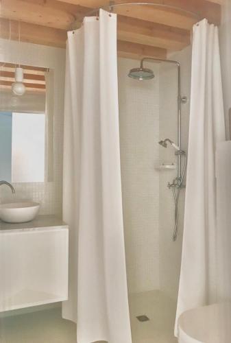 La salle de bains est pourvue d'une douche avec rideau de douche blanc. dans l'établissement Maison 2 personnes Chateaubriand, à Hyères