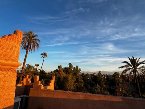 a view of the desert with palm trees in the background at Villa kasbah de luxe, piscine et jacuzzi chauffés, jardin tropical in Marrakech