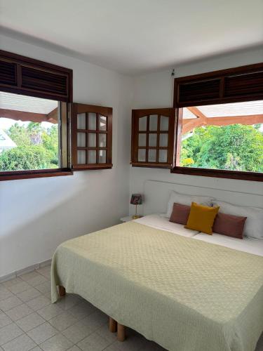 ein Schlafzimmer mit zwei Betten und zwei Fenstern in der Unterkunft L’Amandine in Sainte-Anne