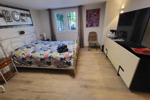 - une chambre avec un lit, une commode et une télévision dans l'établissement 06AK3 - Private room 1 Villa Cap Marina, à Villeneuve-Loubet