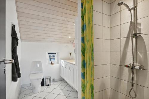 a bathroom with a toilet and a shower at Feriehus 1090 in Ringkøbing