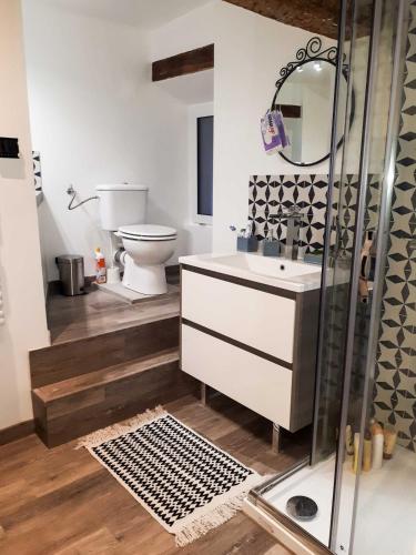une salle de bain avec un lavabo et des toilettes dans l'établissement Appartement 2 bedrooms Hyper quiet PEDESTRIAN HISTORIC CENTER, à Toulouse