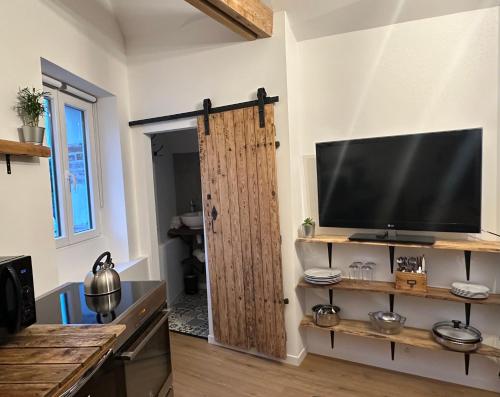 a living room with a television and a wooden door at Le Perchoir in Saint-Martin-le-Beau