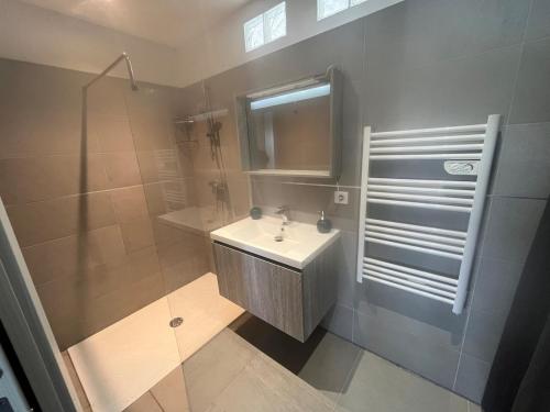 une salle de bain avec un lavabo et une douche dans l'établissement Appartement proche de la plage, à Santa-Lucia-di-Moriani