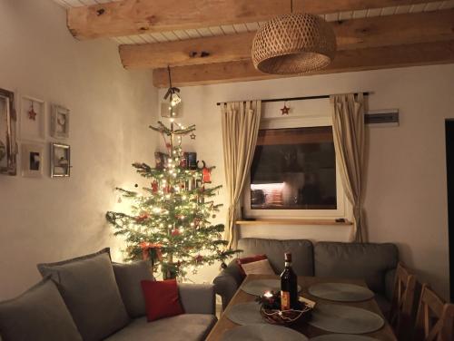 a living room with a christmas tree and a couch at Smocze Ranczo 3 in Ośno Lubuskie