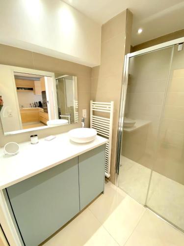 une salle de bain avec un lavabo et une douche en verre dans l'établissement T2 Neuf centre ville Sanary avec garage, à Sanary-sur-Mer