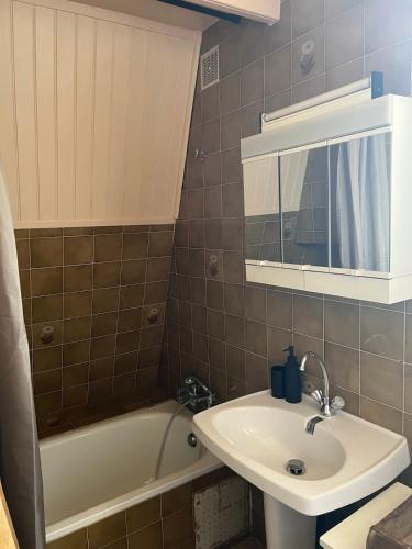 une salle de bain avec un lavabo, une baignoire et un miroir dans l'établissement Duplex Vue Montagne au Calme, à Gréolières