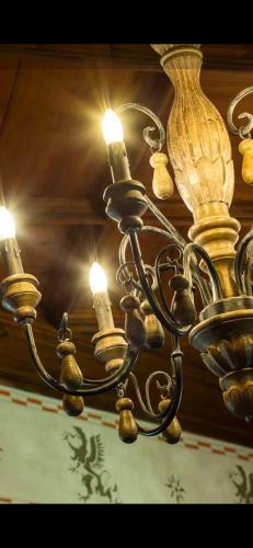 a chandelier with lights hanging from a ceiling at Schloss Freudenstein in Appiano sulla Strada del Vino