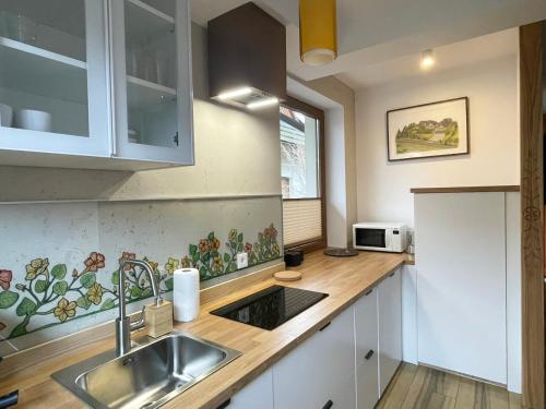 a kitchen with a sink and a microwave at Apartamenty Kornaje - Szczawnica Jaworki - komfortowe apartamenty, basen, sauna, duży ogród, blisko szlaków i stoku narciarskiego in Szczawnica