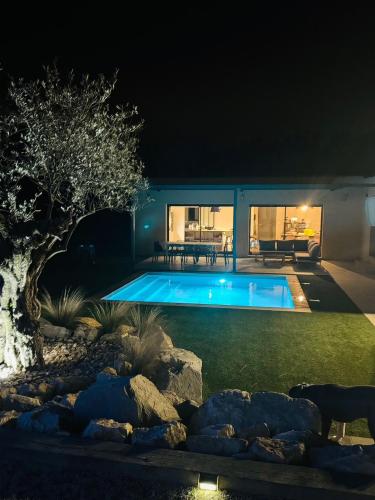 une piscine dans une cour la nuit dans l'établissement VILLA Écrin de SAZE - LUXE & SPA, à Saze