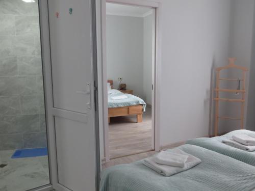 a room with a mirror and a bed and a bedroom at Guesthouse Bacha & Lia in Mestia