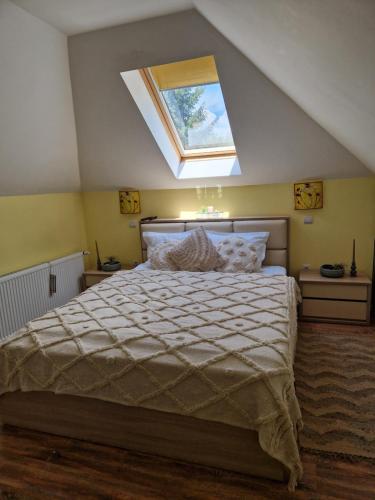 a bedroom with a large bed with a skylight at Casa Alina in Arpaşu de Sus