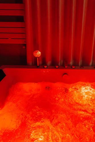 a red bath tub filled with lots of red substance at Wine & Wellness in Villalta