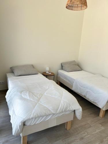 a bedroom with two beds and a chandelier at New villa Caribbean Pearl in Willemstad