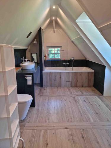 a attic bathroom with a sink and a toilet at Maison rénovée - jacuzzi et cheminée in Saint-Samson-de-la-Roque