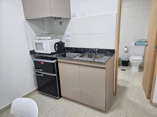 a small kitchen with a sink and a microwave at casita de tucuman ayacucho in San Miguel de Tucumán
