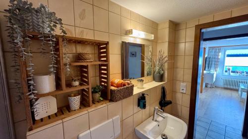 ein Badezimmer mit Waschbecken und Spiegel in der Unterkunft Pension Schmidt - Schwarzwaldnest - voll ausgestattetes Apartment in Häusern