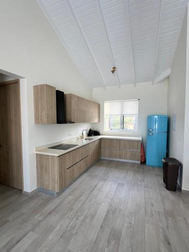 an empty kitchen with wooden cabinets and a blue refrigerator at New villa Caribbean Pearl in Willemstad