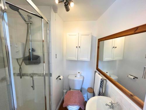 a bathroom with a shower and a toilet and a sink at Warfield Charming Three Bedroom House in Warfield